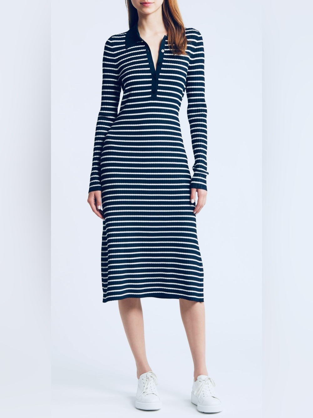 BOSS Filblue Dress XL Navy Ivory Stripe Ribbed Knit Polo Midi Sweater Dress